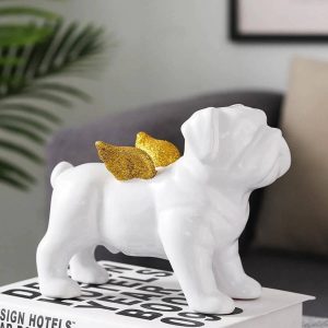 golden angel wings ceramic white english bulldog statue