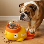 english bulldog feeding duck