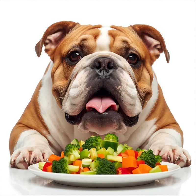 english bulldog eating Crunchy Veggies